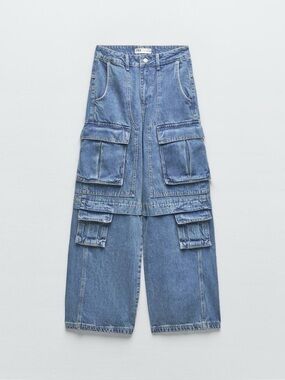 Zara High Waisted Blue Cargo Denim Jeans